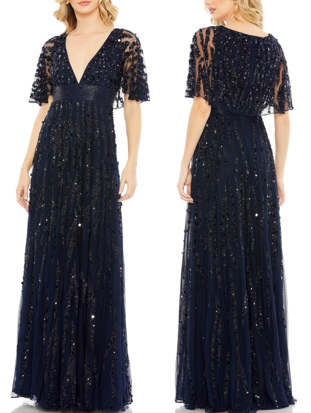 Mac Duggal 93784 Midnight Navy Blue Cape Sleeve Beaded Maxi Dress Gown 18 NWT